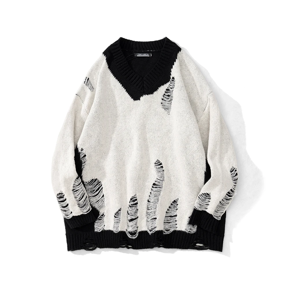 2022 Custom Vneck Knitted Ripped Distressed Oversized Men's Sweaters