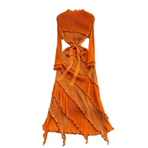 European American Retro Long-Sleeved Maxi Dress for Women Casual Summer Pleated Stand Natural Eco-Friendly Print Breathable