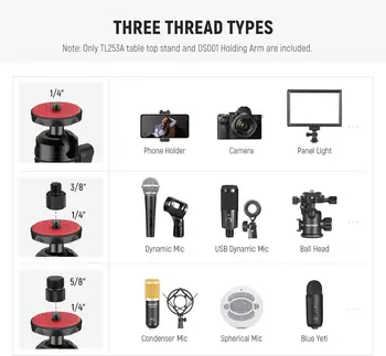 NEEWER TL253A+DS001 Table Camera Tripod with 2 Telescopic Arms, Phone Holder, Ball Heads, Screw Adapter, Table Light Stand for detail image