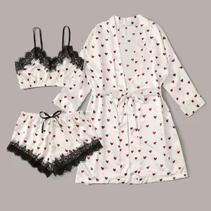 Summer Women's Pajama Set Factory Direct Sale Heart Print Loungewear Strapless Lace Ice Silk for Slip Dress Elastic Waist