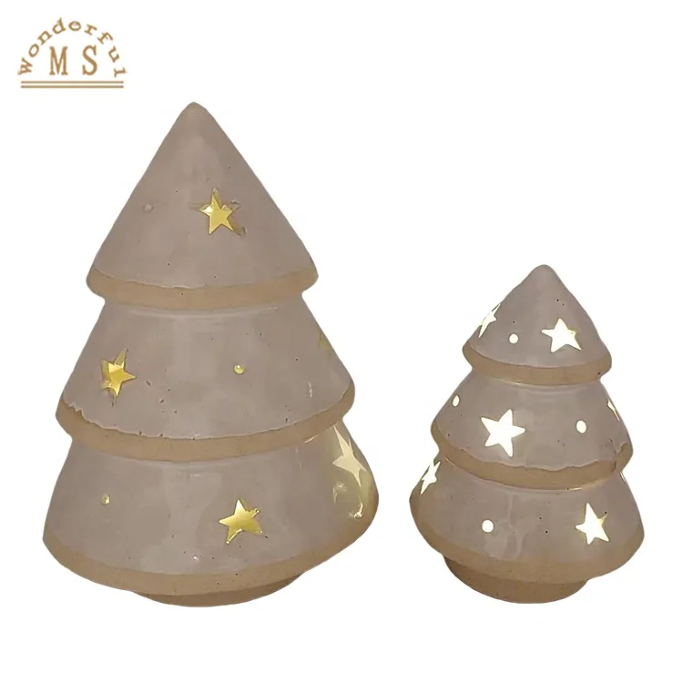 2 PCS OEM Nodic Ceramic Christmas Tree Led Light Bisqit Fired and White Color Glazed Earthware Xmas Tree Interior Home Decor