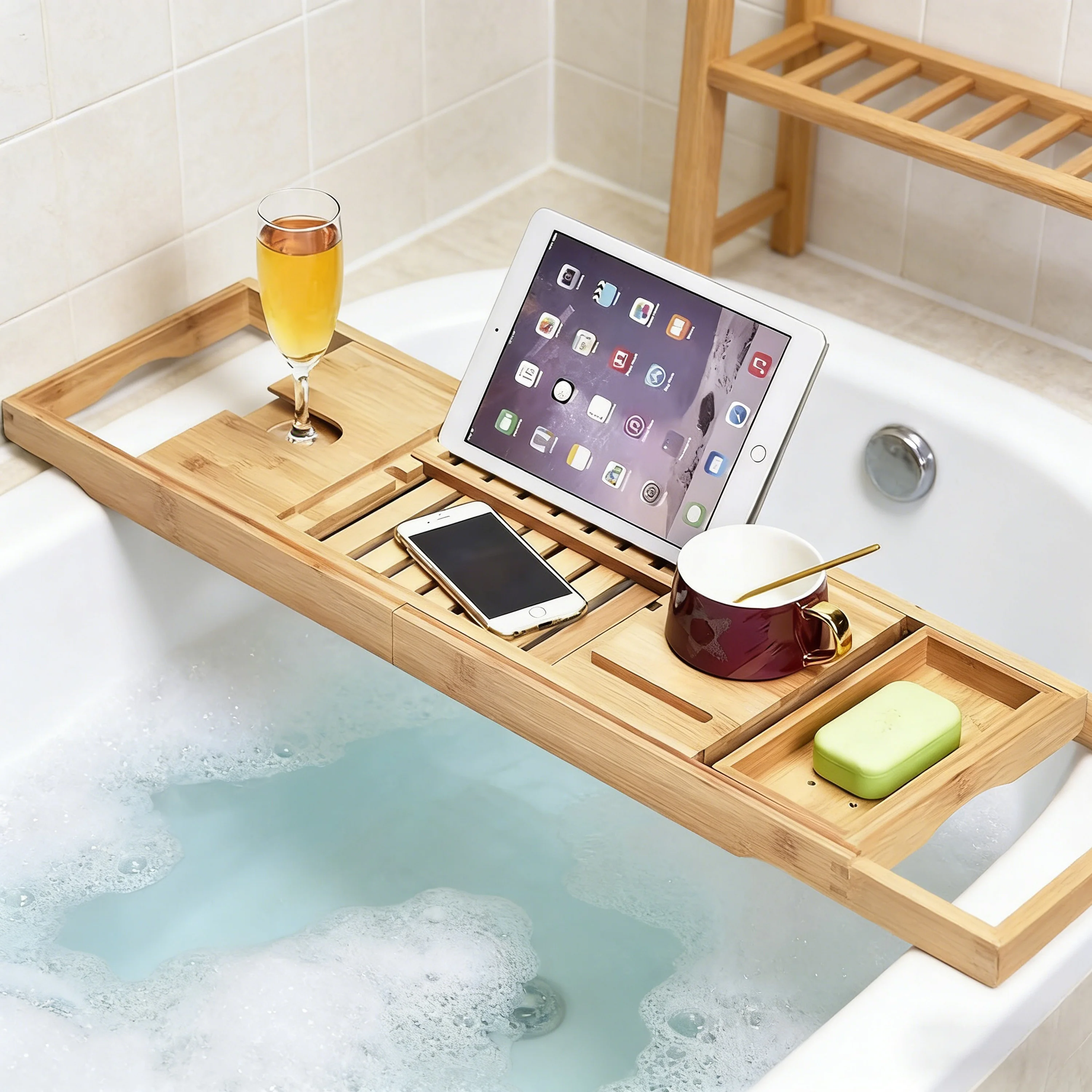 Luxury Eco-Friendly Bamboo Two-Piece Bathtub Caddy with Book Stand Towel Tray Expandable Bathtub Accessories & Bathroom Gadgets