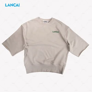 Clothing Manufacturer Customized High Quality Oversized Boxy Fit Raw Cut 3/4 Sleeve Beige Sweatshirts For Women