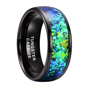 Coolstyle Jewelry 8mm Black Tungsten Carbide Wedding Ring Shining Blue-Green Fragments Engagement Band Domed Polished Shiny