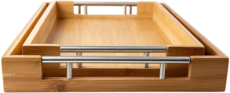 Bamboo Handmade Wood rectangular Serving Tray with metal handle