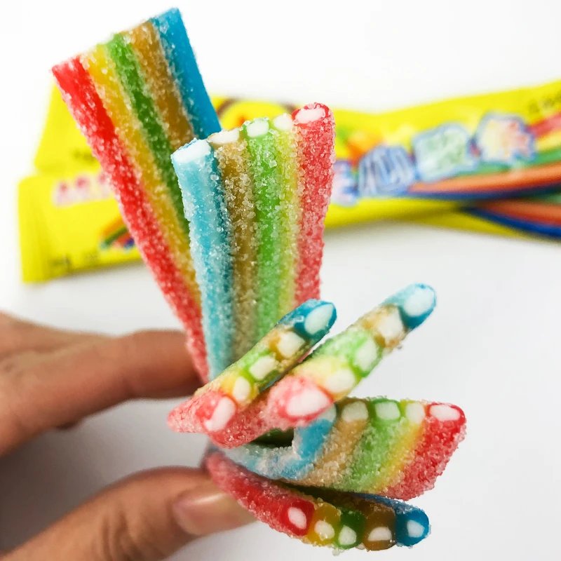 Halal Sour Sweet Candy Strips Rainbow Gummy Bulk Super Sour Belts Candy