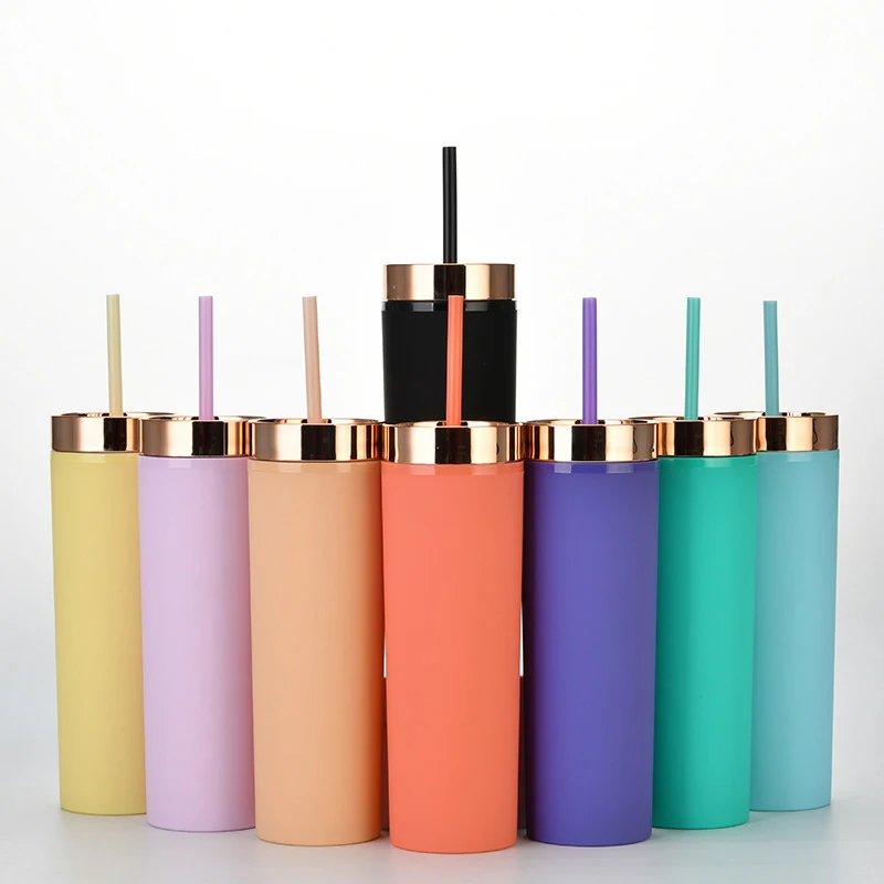 Цветной Акриловый стакан 16 унций, не содержит Бисфенол А, многоразовый, с двойными стенками, Небьющийся, тонкий, матовый стакан с соломинкой