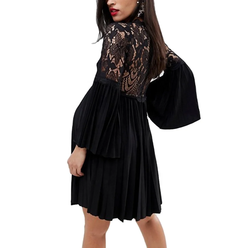 strapless open back dress Pleated Floral Long Sleeve Dress
