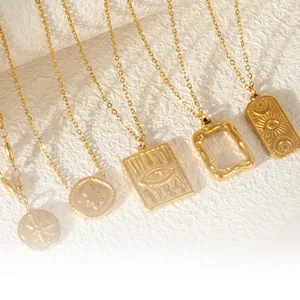 Trendy New Design 18K Gold PVD Stainless Steel Coin Square Shaped Charm Eye Star Pendant for Party Chain Link Necklace