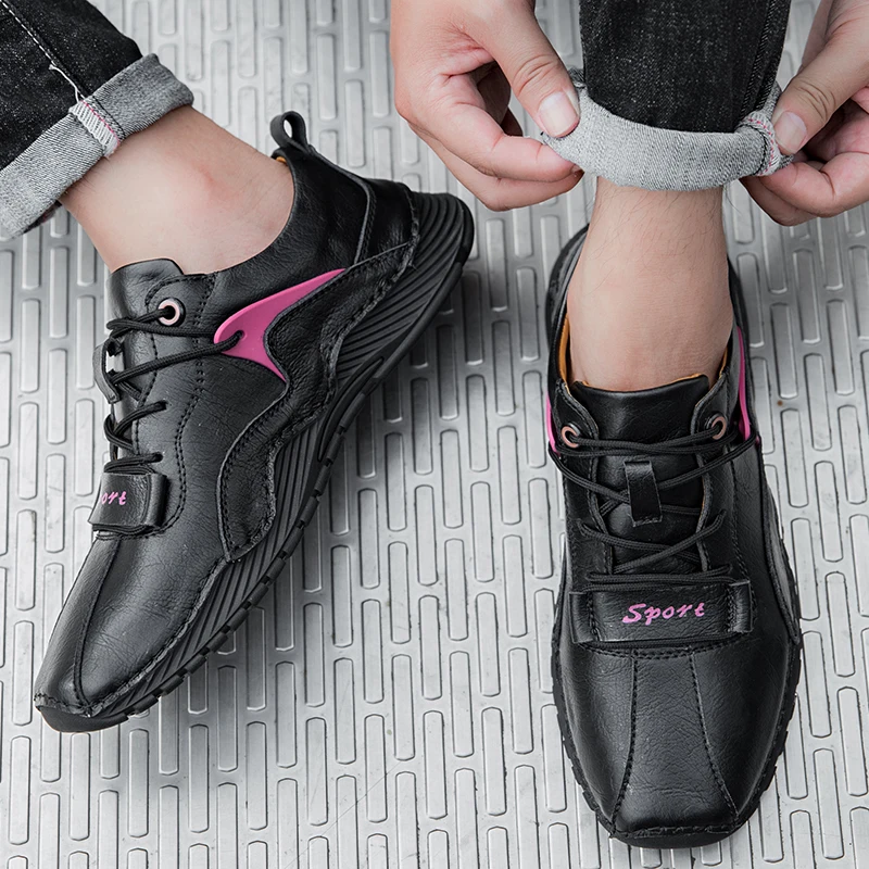 Men's Micro Fiber Leather Casual Shoes Running Sneakers Lightweight Walking Driving Shoes Comfortable Lace-up Leisure Footwear