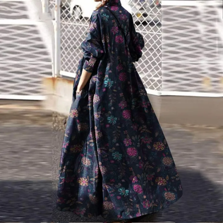 Женское платье-оверсайз в богемном стиле, Осеннее длинное платье-пальто с квадратным принтом