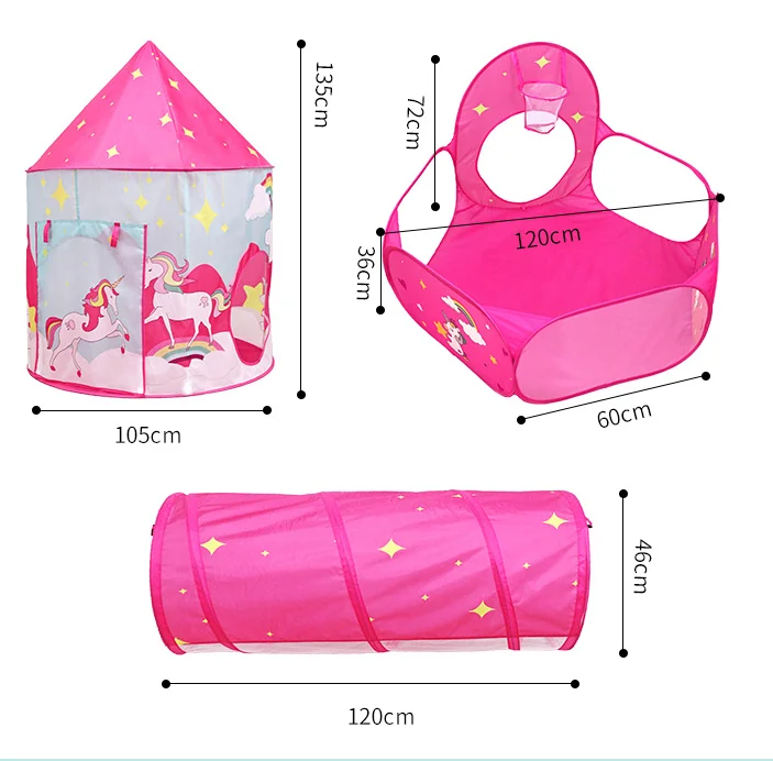 Детская палатка с единорогом, трехсекционный игровой домик, портативный складной Крытый бассейн с океанскими шариками для девочек