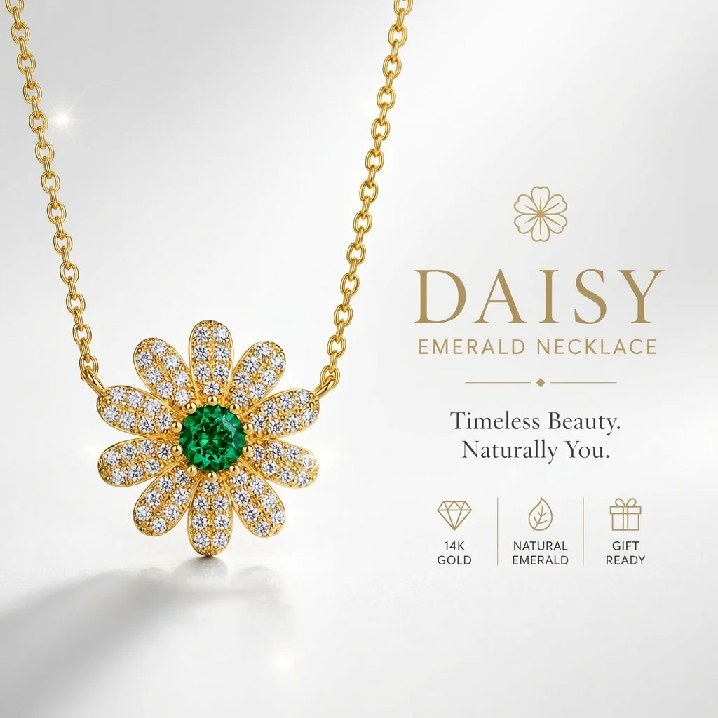Daisy Flower Emerald Pendant Necklace Gold Link Chain Floral Jewelry for Women Gift