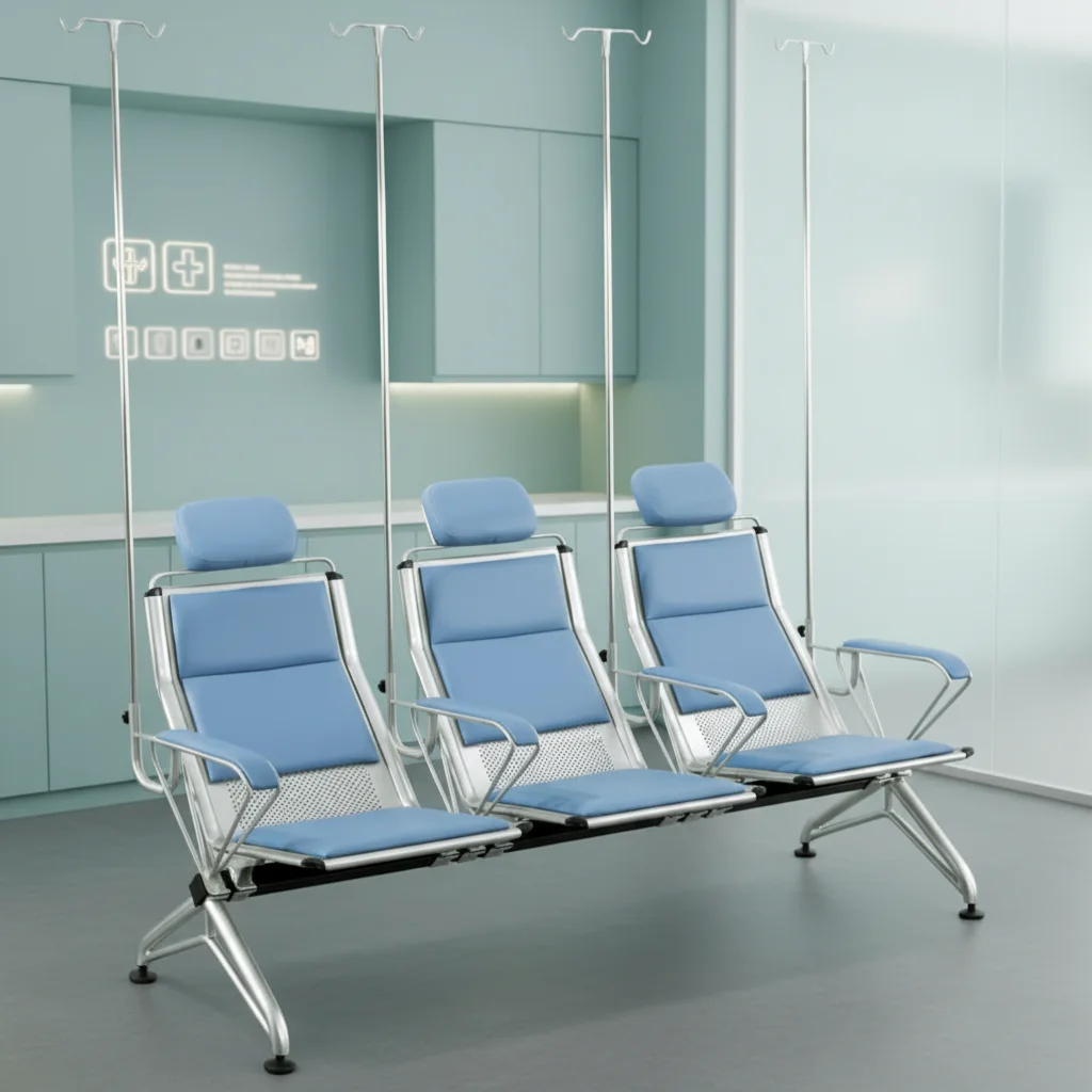 Modern Steel Hospital Waiting Room Three-Person Seating with IV Support Poles Durable & Eco-Friendly Commercial Furniture 4
