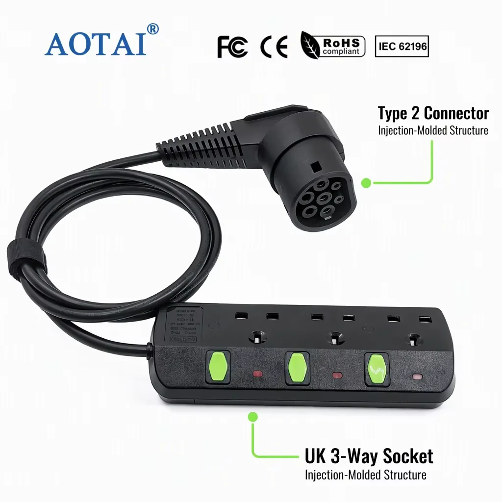 AOTAI Type 2 V2L Cable with UK 3-Way Socket EV Vehicle-to-Load Discharge Cable for BYD Omoda Jaecoo GWM TANK