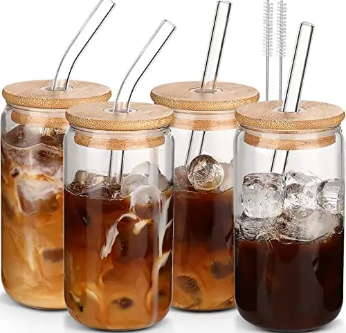 Iced Coffee Glass Mug with Bamboo Lid and Straw, 16oz Beer Can