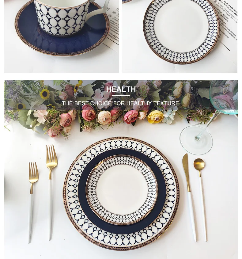 Wholesale Bone China Navy Blue Plates Crockery Set Porcelain Dinnerware