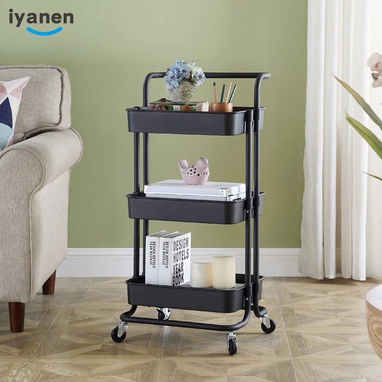 Rolling Cart Easy to Assemble Handrails Meerveil 3-layer Trolley Kitchen and Living room Storage Trolley on Wheels,60 x 40 x 78.5 cm,Industrial Style Metal Frame 