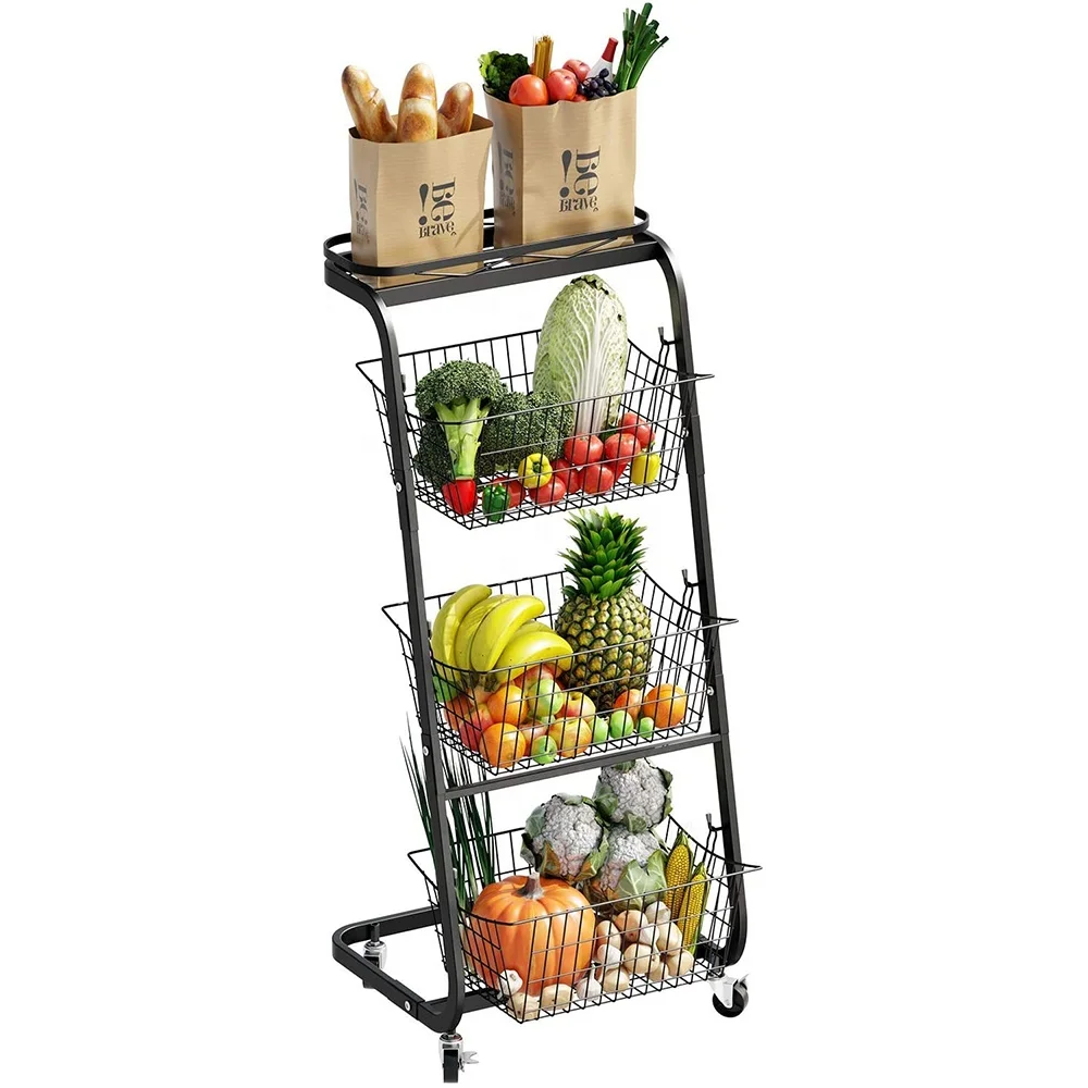 4-tier Vegetable Basket Storage Trolley Metal Fruit Vegetable Basket ...