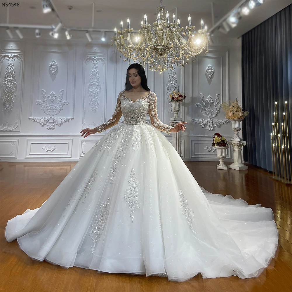 Hot Sale Real Sample Bridal Dresses Women'S Lace Wedding Royal Train Lace  up Long Sleeve Ball Gown Ns4548