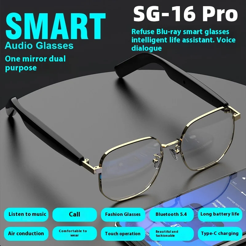 Wireless Bluetooth 5.0 Smart Glasses – Hands-Free Calls, Music, Bone Conduction, Black