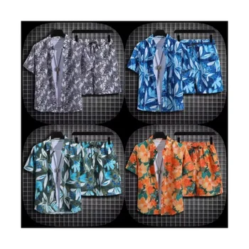 Men's Hawaiian beachwear short-sleeved printed shirt summer new wave printed beach shorts two-piece set