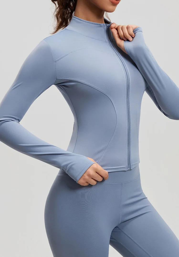 Wholesale  Solid Color High-waist Yoga Pants and Jacket Womens Custom Fitness Wear Seamless Long-sleeved Sportswear 2-piece Set