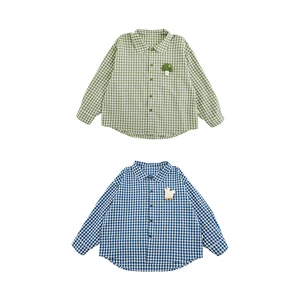 YOEHYAUL N5999 Unisex 100% Cotton Toddler Girl Polo Shirt Spring Long Sleeve Plaid Loose Kids Shirts Boys