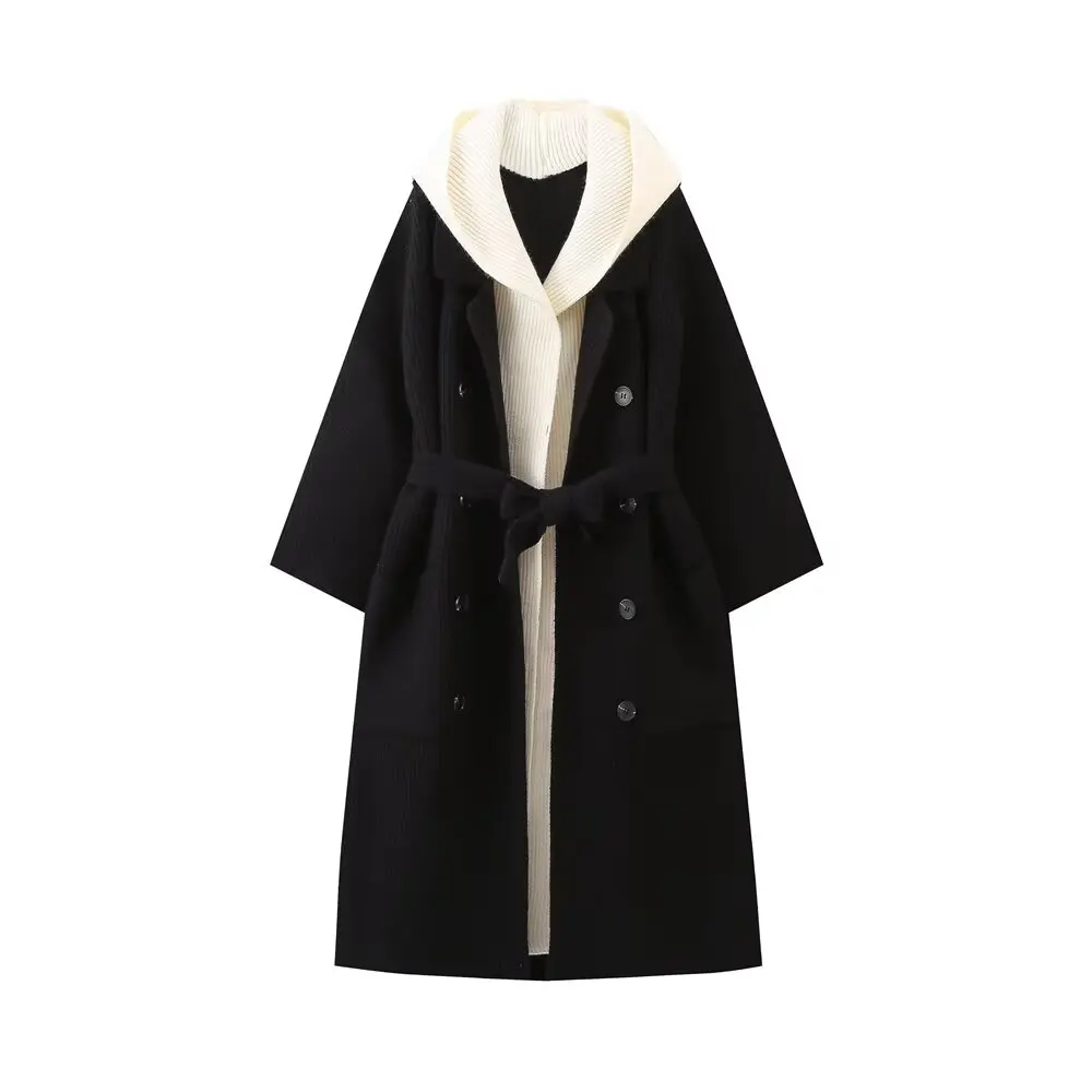 Donne 2024 Moda bavaglino con cappuccio due pezzi lavorati a maglia Cappotto Vintage Manica Lunga Donna Capispalla Chic Overshirt_voghion.com
