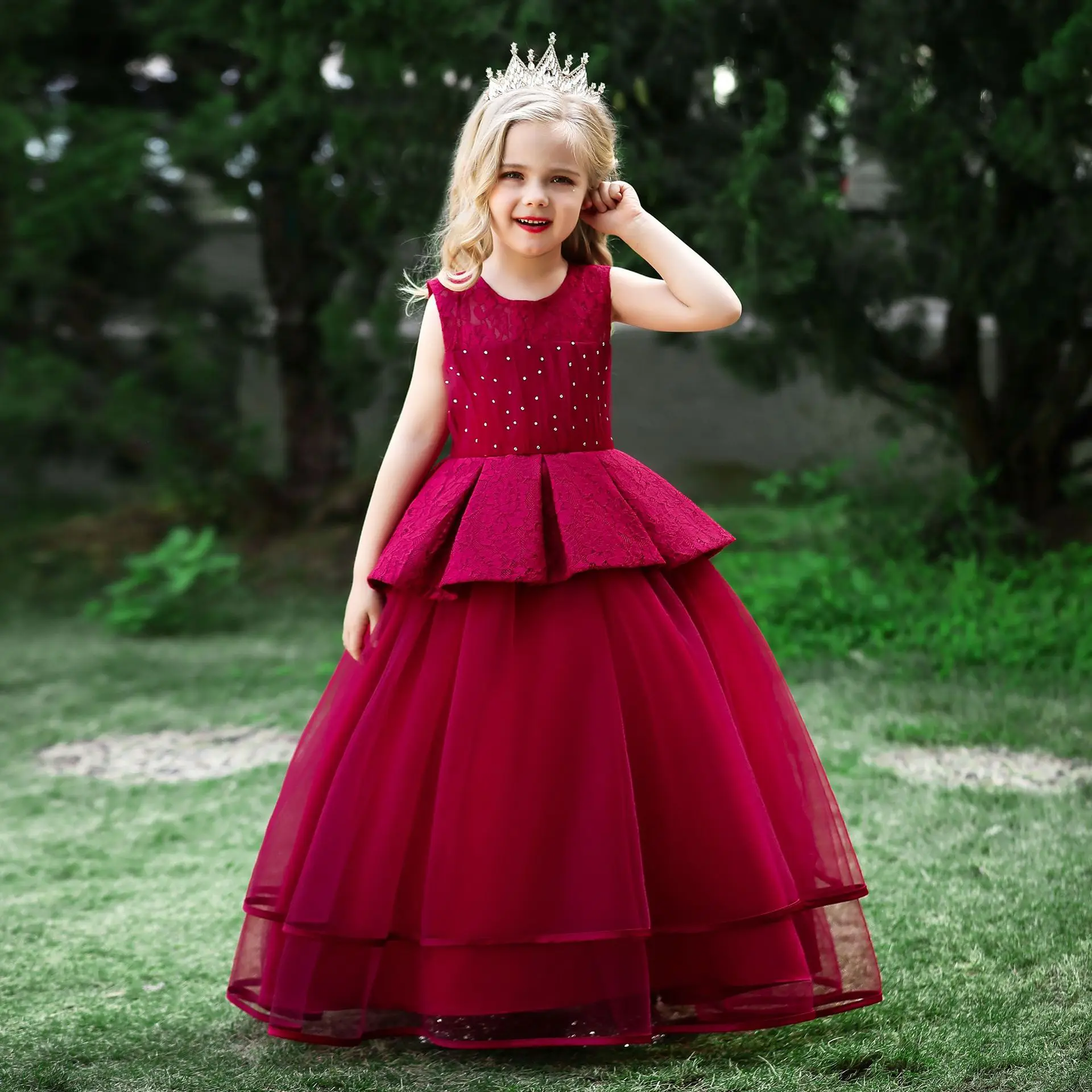 2022 Kids Off Shoulder Lace Half Sleeve Ball Gown Flower Girls Dress ...