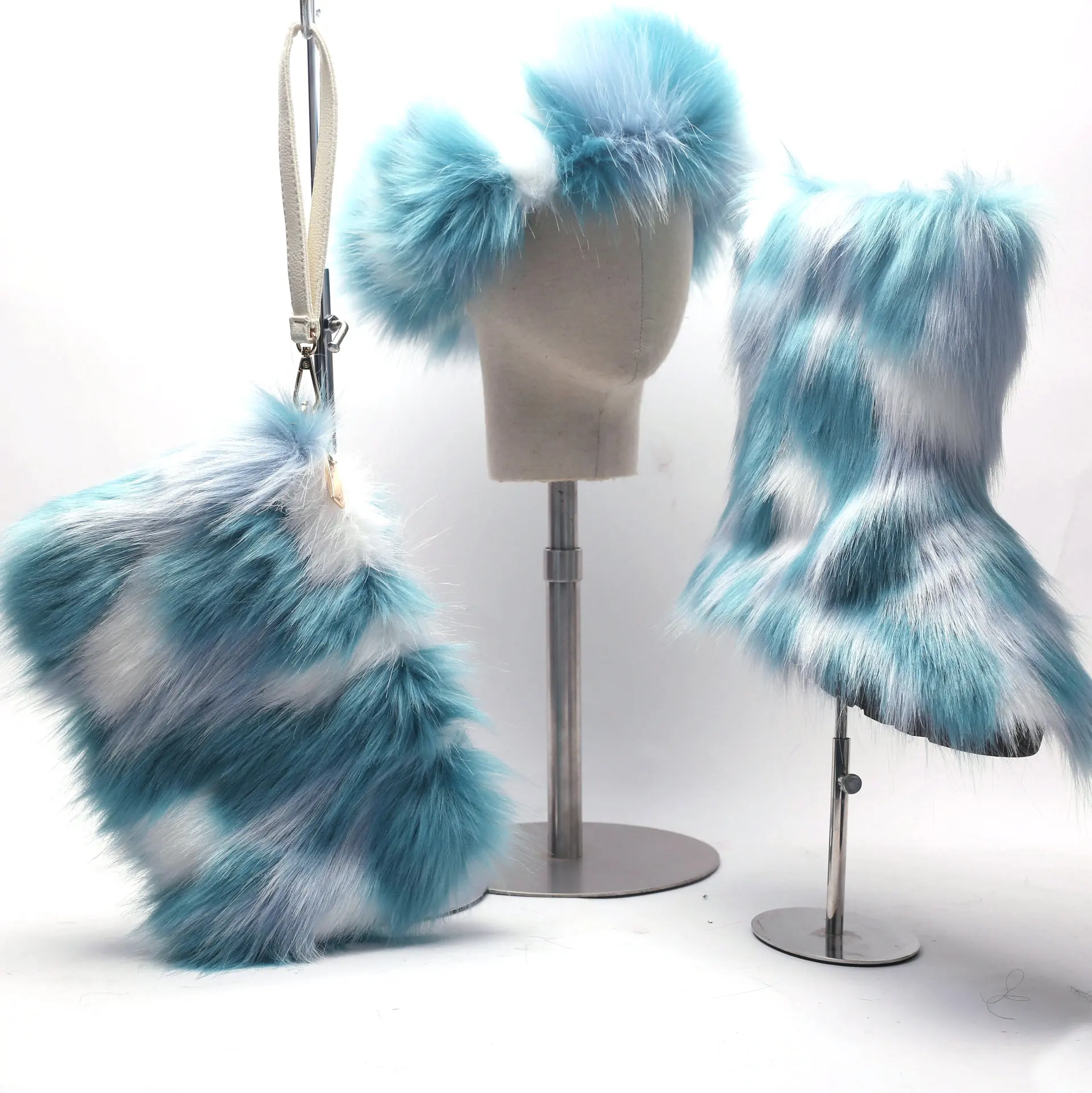 Women's 3-Piece Faux Fur Winter Set - Snow Boots, Fluffy Handbag & Headband, Rainbow Color Faux Fox Fur (US Sizes 5-12)