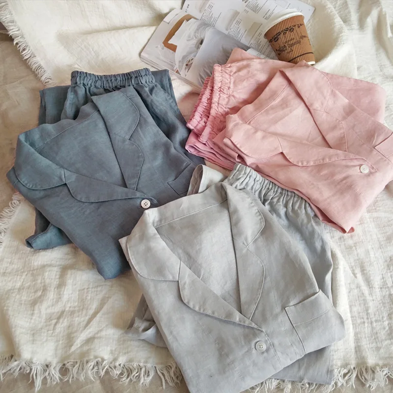 Unisex Linen Pajama Set Women Men Sleepwear Couple Nightgown Eco Sustainable Flax Linen Clothing Support