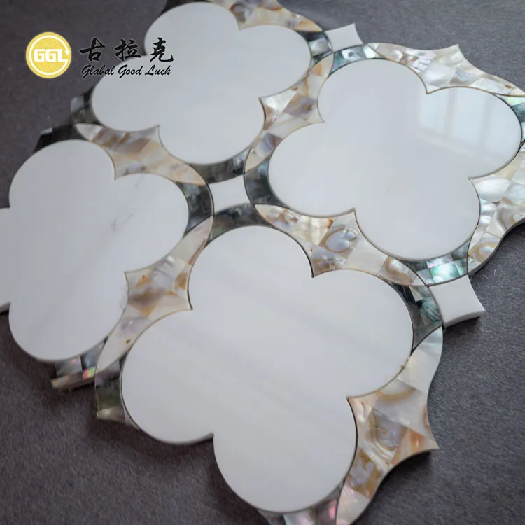 Factory Thassos White Marble Mixed Mother of Pearl Shell Waterjet Mosaic Tile for Kitchen Backsplash Bathroom Decor