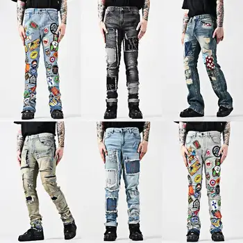 Designer brand European and American men's hole fashion fabric brand letter elastic jeans