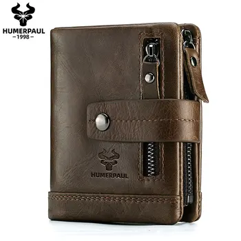 HUMERPAUL Cow Leather Wallet Wallet For Man With Double Zip Pocket Middle Removable Wallets Men