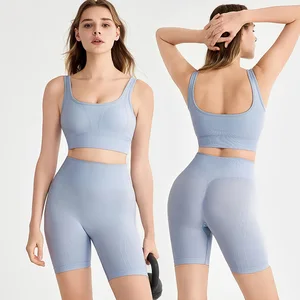 Roregal Women's Summer Seamless Sports Set Fitness Training Bra Tight High Waist Hip Lifting Shorts Two Piece Set