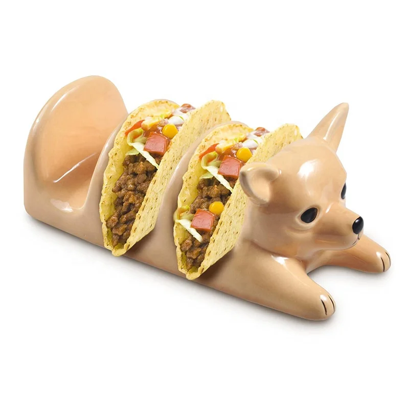 Custom Tabletop Dining Decor Taco Stand Rack Server Serving Tray Plate 3 Slot Ceramic Cute Chihuahua Dog Shaped Taco Holder