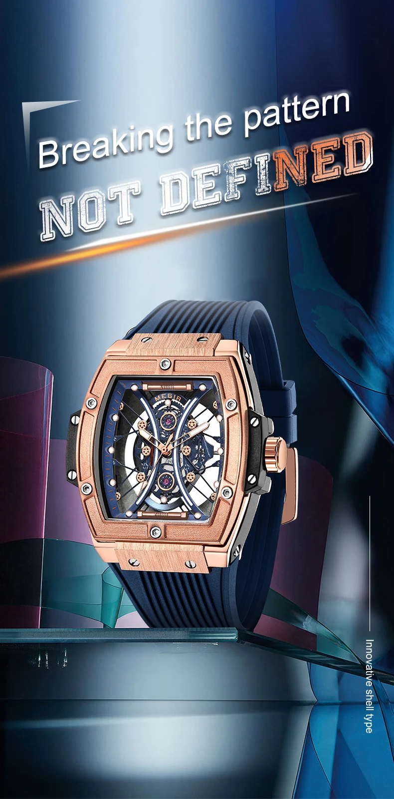 Megir 8109G 8109 Silicone Band Watch for Men Fashion Tonneau Clock Unique Dial Quartz Waterproof Luminous Chronograph Wristwatch