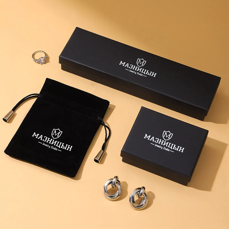 Wholesale Premium A1 Brand Black Lid Base Jewelry Box Set Velvet Double Stitching Drawstring Bag Custom Logo Packaging Ring