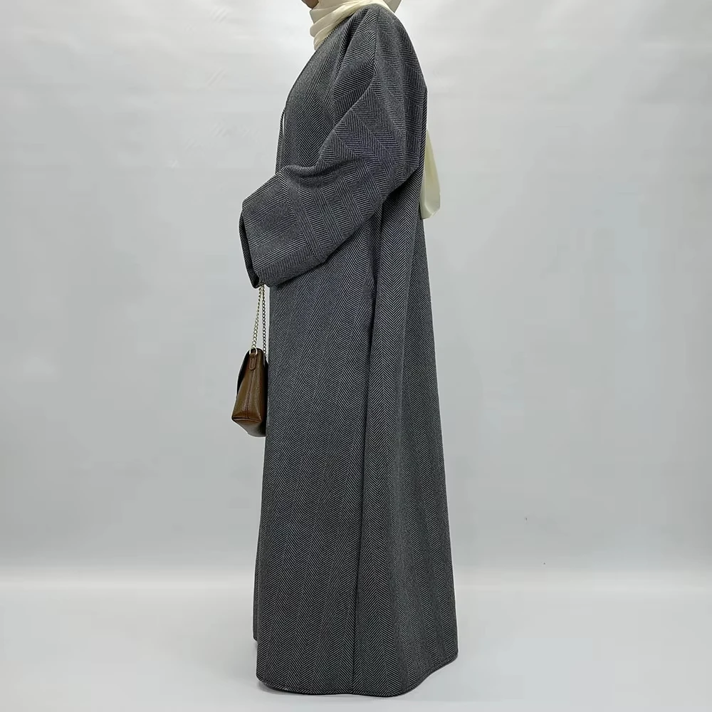 Open Woolen Abaya Modest Coats With Pockets Turkish Muslim Women Dress Ramadan Thick Islamic Clothing Wholesale Winter Abaya