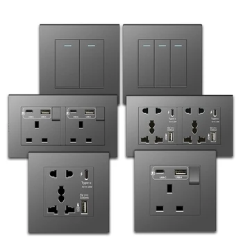 Uk 13A wall switch with USB fast charging type-c wall outlet, grey High quality PC electrical lamp Speed switch socket British