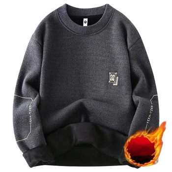 Men's New Fall Trend Loose round Neck Casual Long-Sleeved Padded Pullover Sweater Korean Version Fleece Fabric Washed Technics