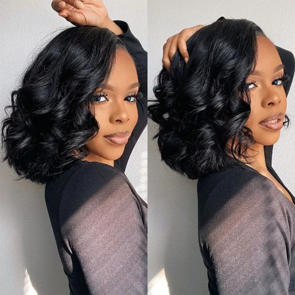 Bob-Perücke, gewellt, 100 % Echthaar, Perücken, vorgezupft, mit Spitze vorne, brasilianisches Remy-Haar, kurze Bob-Perücke_voghion.com