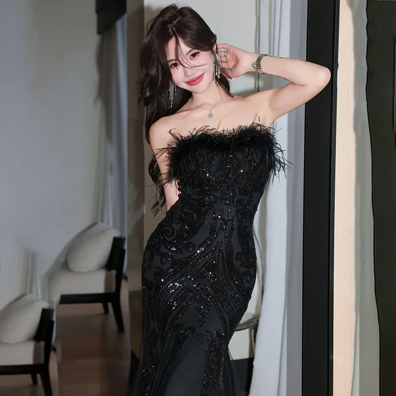 Wholesale Women's Black Fishtail Gauze Dress Paillette Tube Top Evening  Satin for Parties Heavy Industry Host Banquets Natural| Alibaba.com