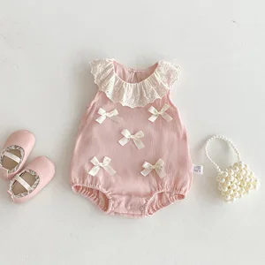 New Baby Girl Solid Pattern Princess Bow Tie  Casual 100% Cotton Baby Girl Rompers