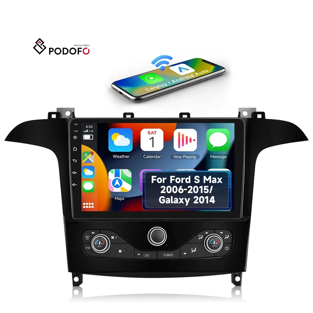 Podofo stéréo automobile de 9 pouces, 4+64 Go, pour Ford S-Max (2006-2015) / Galaxy (2014), CarPlay sans fil/Android Auto, OEM, fournisseur en gros par lots A8512A3662/A8512