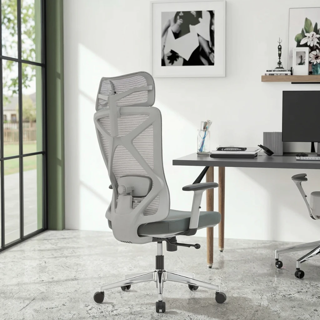 Office Chair with Dual-Layer Mesh Backrest Height Adjustable Lumbar Support PU Armrests High Back Design for Professionals 6