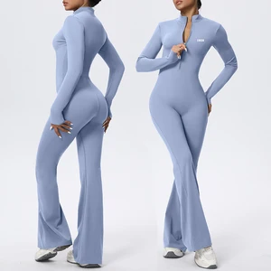 2026 Custom  Backless Long Sleeve Adjustable Yoga Fitness Women Sports One Piece Gym Scrunch Bodysuits Jumpsuit
