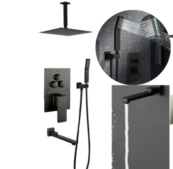 Copper black wall mounted shower set with concealed ceiling mounted shower and embedded box