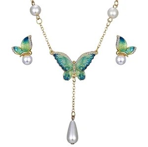 Custom Gold Plated Cz Enamel butterfly Pearl Necklace Earring Set for Women